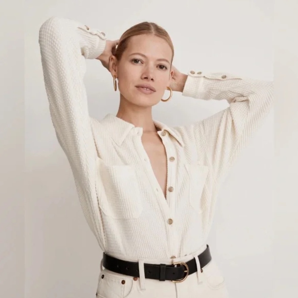 Madewell Cream Waffle Knit Shirt Jacket